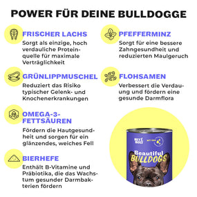 Inhaltsstoffe HEY HOLY Beautiful Bulldogs Nassfutter: Frischer Lachs, Pfefferminz, Grünlippmuschel, Flohsamen, Omega-3, Bierhefe für gesunde Bulldoggen