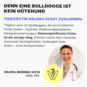 Tierärztin Helena Bröring-Veith im weißen Kittel, Veterinär-Logo und Zitat über Bulldoggen Nassfutter