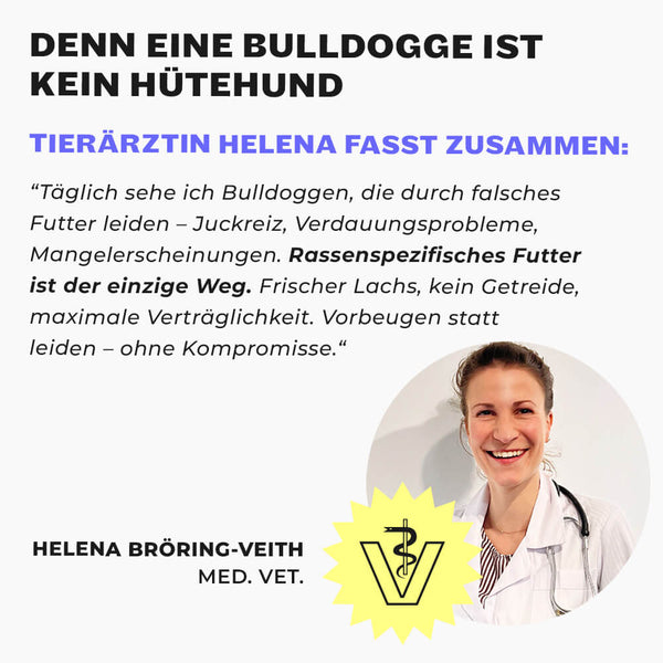 Tierärztin Helena Bröring-Veith im weißen Kittel, Veterinär-Logo und Zitat über Bulldoggen Nassfutter