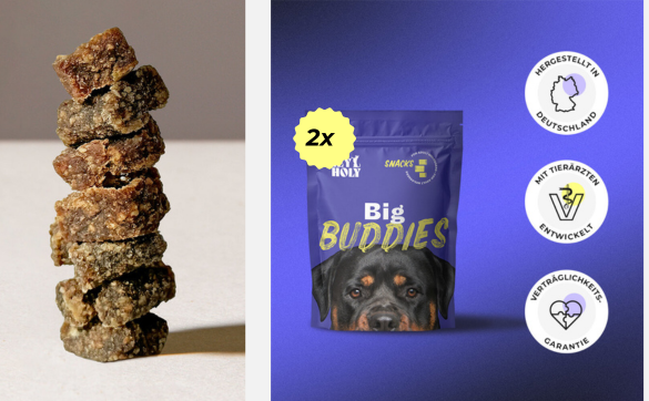 Big Buddies Snacks für Molosser mit Nahansicht und Tierarzt-Siegeln