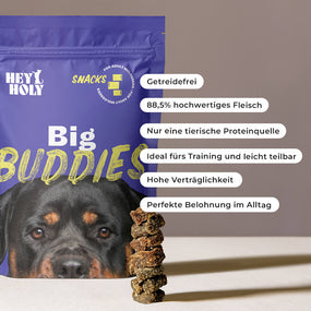 Big Buddies Snacks Produkt mit aufgelisteten Vorteilen