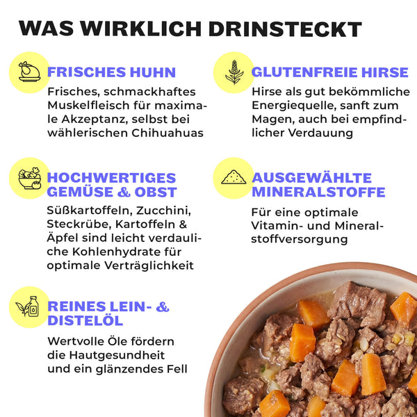 Übersicht „Was wirklich drinsteckt“: frisches Huhn als schmackhaftes Muskelfleisch für maximale Akzeptanz auch bei wählerischen Chihuahuas, glutenfreie Hirse als magenfreundliche Energiequelle, hochwertiges Gemüse und Obst aus Süßkartoffeln, Zucchini, Steckrübe, Kartoffeln und Äpfeln, ausgewählte Mineralstoffe sowie reines Lein- und Distelöl für Hautgesundheit und glänzendes Fell.