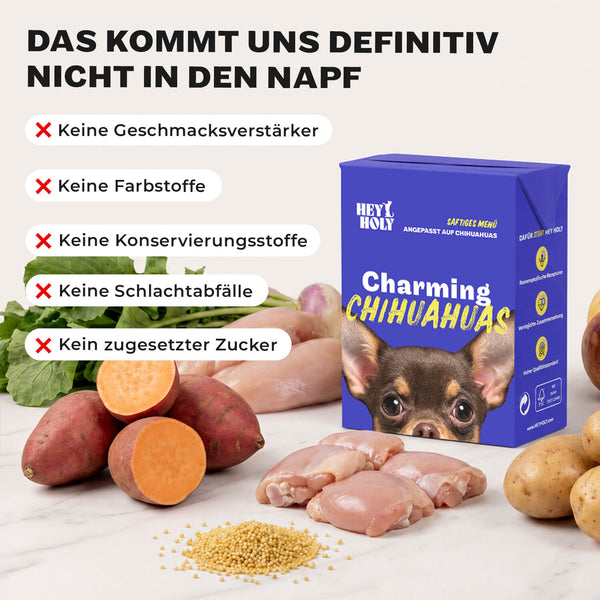 Überschrift „Das kommt uns definitiv nicht in den Napf“ mit den Ausschlüssen keine Geschmacksverstärker, keine Farbstoffe, keine Konservierungsstoffe, keine Schlachtabfälle und kein zugesetzter Zucker. Daneben die Charming Chihuahuas Verpackung zwischen frischem Hühnerfleisch, Süßkartoffeln, Kartoffeln, Hirse und Grünkohl.