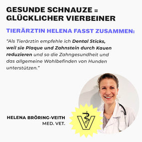 Tierärztin Helena Bröring-Veith im weißen Kittel, Veterinär-Logo und Zitat über Kaustangen zur Zahnpflege bei Hunden