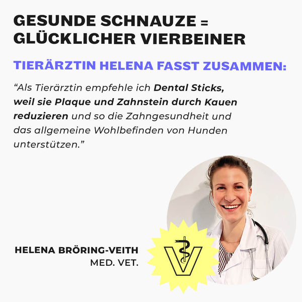 Tierärztin Helena Bröring-Veith im weißen Kittel, Veterinär-Logo und Zitat über Kaustangen zur Zahnpflege bei Hunden