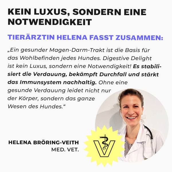 Tierärztin Helena Bröring-Veith im weißen Kittel mit Stethoskop, Veterinär-Logo und Zitat über Hunde Magen-Darm-Kur
