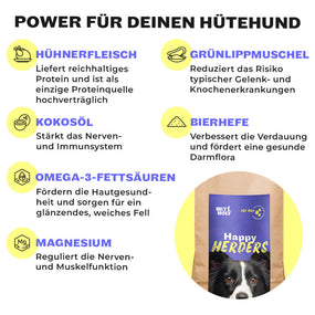 Inhaltsstoffe im HEY HOLY Happy Herders Trockenfutter: Hühnerfleisch, Grünlippmuschel, Kokosöl, Bierhefe, Omega 3 und Magnesium zur Unterstützung von Gelenken und Nervensystem bei Hütehunden