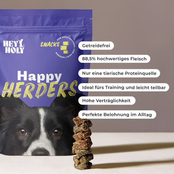 Happy Herders Snacks Produkt mit aufgelisteten Vorteilen