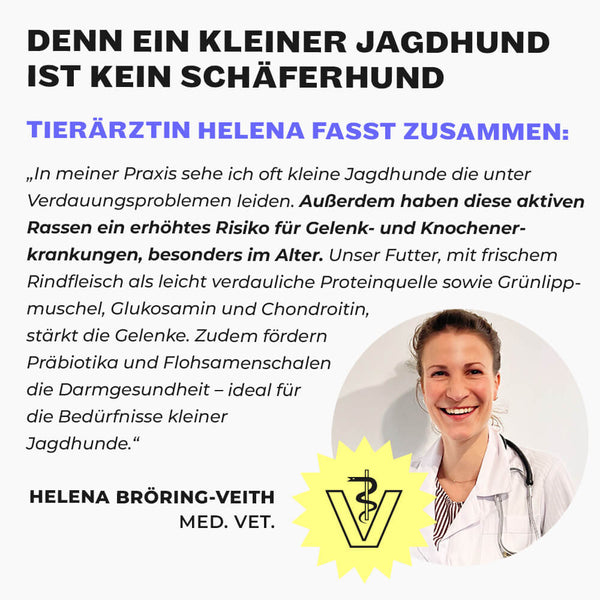 Tierärztin Helena Bröring-Veith erläutert rassespezifische Bedürfnisse kleiner Jagdhunde und empfiehlt HEY HOLY Hundefutter mit Rindfleisch, Grünlippmuschel und Präbiotika