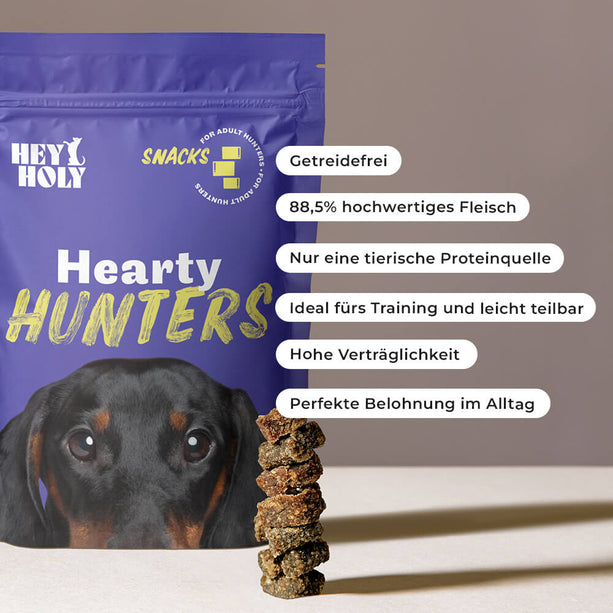 Hearty Hunters Snacks Produkt mit aufgelisteten Vorteilen
