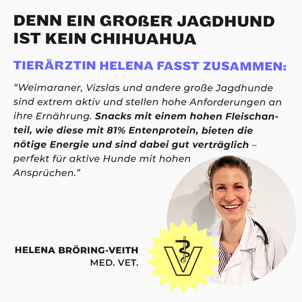 Tierärztin Helena Bröring-Veith im weißen Kittel mit Stethoskop, Veterinär-Logo und Zitat über Jagdhunde-Ernährung