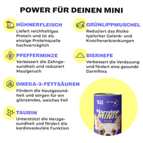 Inhaltsstoffe von HEY HOLY Marvelous Minis Nassfutter: Hühnerfleisch, Grünlippmuschel, Pfefferminze, Bierhefe, Omega-3 und Taurin