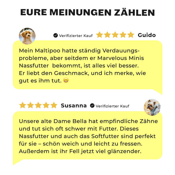 5-Sterne Kundenbewertungen für Marvelous Minis Nassfutter für kleine Hunde