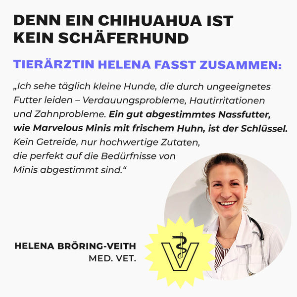 Tierärztin Helena Bröring-Veith im weißen Kittel, Veterinär-Logo und Zitat über Nassfutter ernährung kleiner Hunderassen