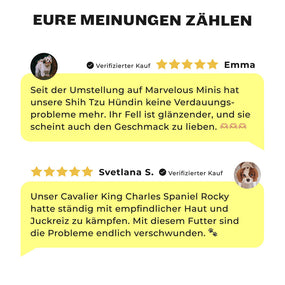 5-Sterne Kundenbewertungen für Marvelous Minis Forelle Trockenfutter für kleine Hunde