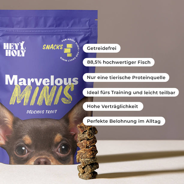 Marvelous Minis Snacks Produkt mit aufgelisteten Vorteilen