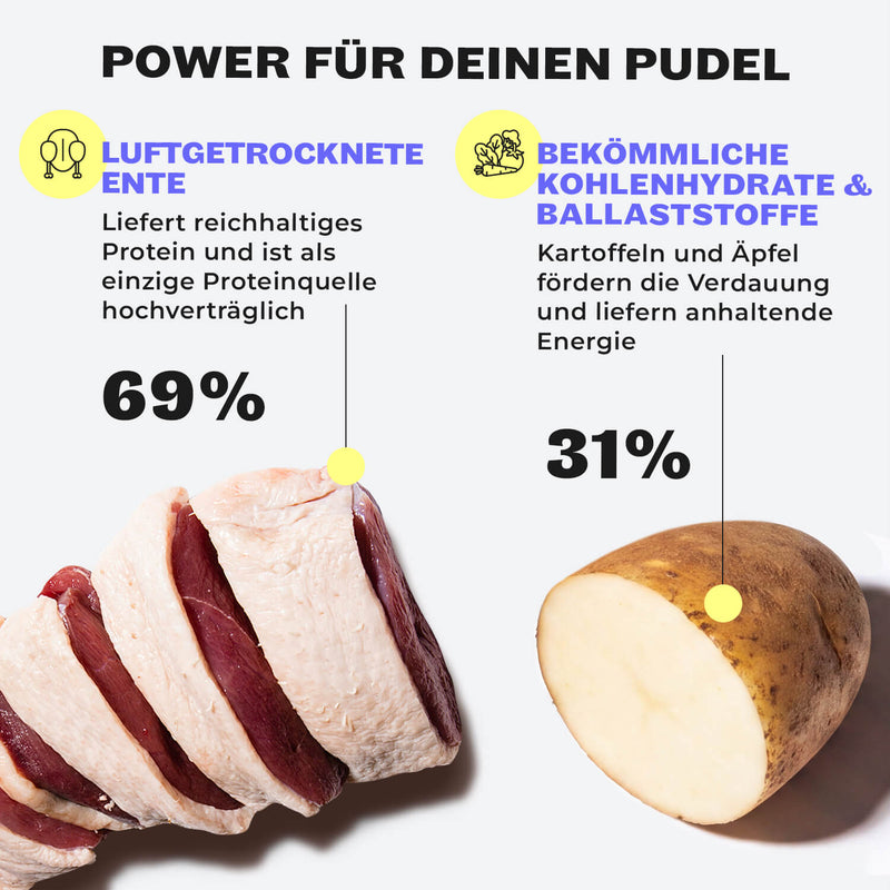 Tierärztin Helena Bröring-Veith empfiehlt die HEY HOLY Precious Poodles Snacks mit hohem Entenfleisch-Anteil, unter dem Motto „Denn ein Pudel ist kein Schäferhund“