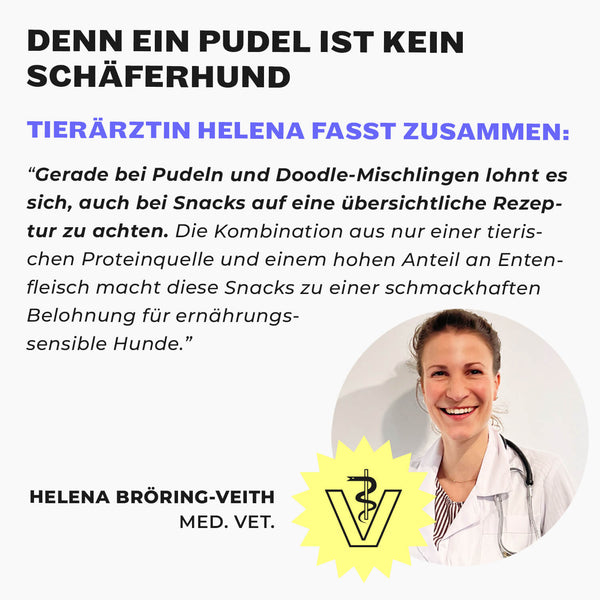 Zutaten der HEY HOLY Precious Poodles Snacks: 69% luftgetrocknete Ente und Kartoffeln und Äpfel