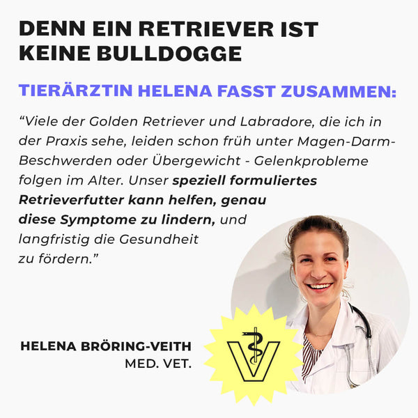 Tierärztin Helena Bröring-Veith im weißen Kittel, Veterinär-Logo und Zitat über  Retriever-Ernährung