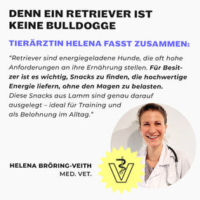 Tierärztin Helena Bröring-Veith im weißen Kittel mit Stethoskop, Veterinär-Logo und Zitat über Retriever-Ernährung