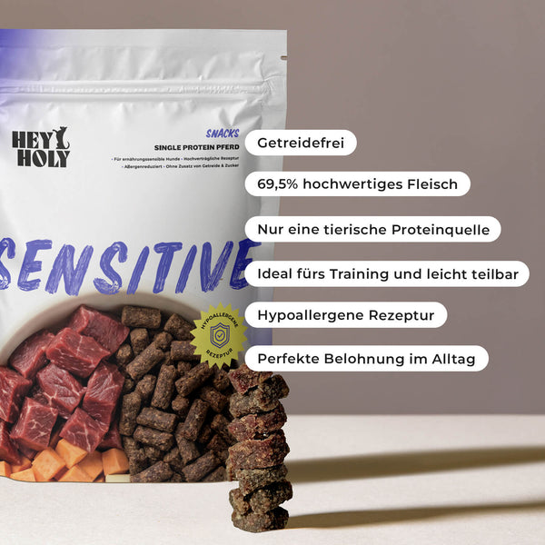 Frau gibt ihrem Golden Retriever in der Küche einen HEY HOLY Sensitive Snack als Belohnung