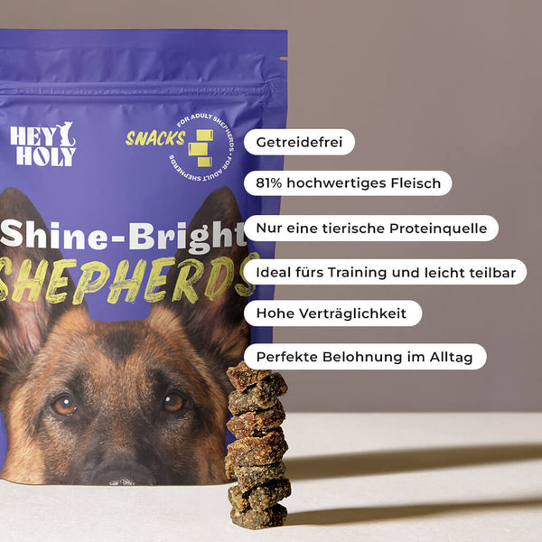 HEY HOLY Shine-Bright Shepherds Snacks mit Schäferhund und braunen Hundeleckerlies