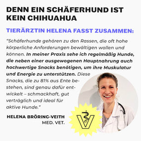 Tierärztin Helena Bröring-Veith im weißen Kittel mit Stethoskop, Veterinär-Logo und Zitat über Schäferhund-Ernährung