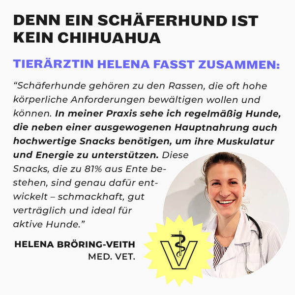 Tierärztin Helena Bröring-Veith im weißen Kittel mit Stethoskop, Veterinär-Logo und Zitat über Schäferhund-Ernährung
